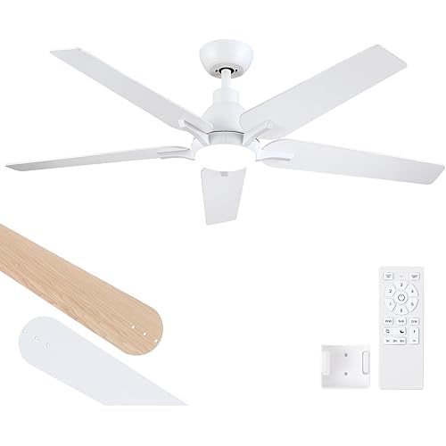 52 Inch Ceiling Fans with Lights: White Ceiling Fan 5 Blades Ceiling Fan with Light and Remote for Bedroom Living Room Dining Room Patio - Dimmable 6 Speeds Reversible Quiet DC Motor