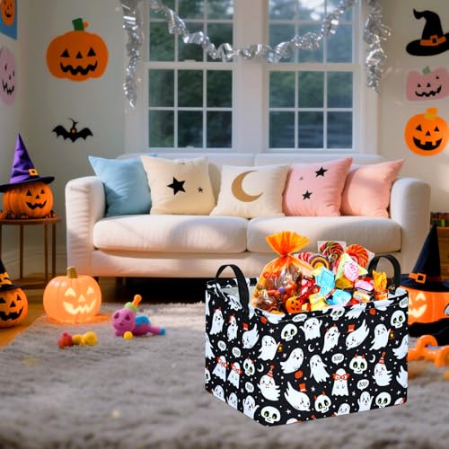 Image of Happy Halloween Ghost Storage Basket Gift Laundry Bins Collapsible Storage Baskets Box Laundry Nursery Hamper for Home and Office Decoration with Handles