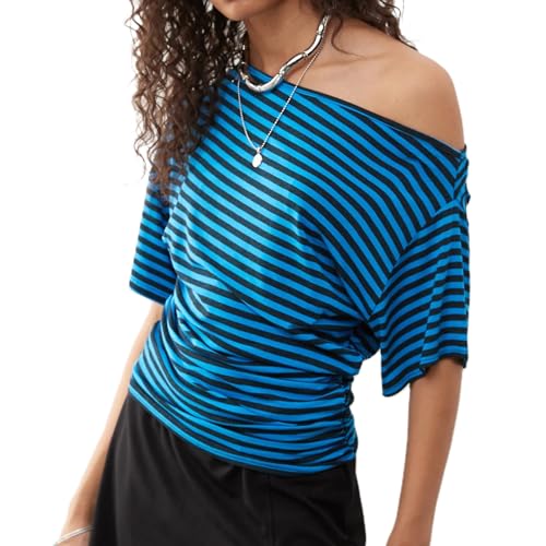 Image of YILEEGOO Women's Off One Shoulder T-Shirts Striped Casual Loose Fit Tee Shirts Summer Elegant Tops Streetwear (Blue, S)