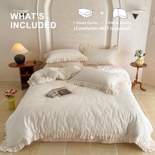Image of VM VOUGEMARKET Ruffle Duvet Cover Set Twin,Vintage Garden Floral Duvet Cover with 2 Pillow Shams,Double-Layer Gauze Cotton Bedding Set,Comfy,Breathable & Lightweight for Girls-68 x86
