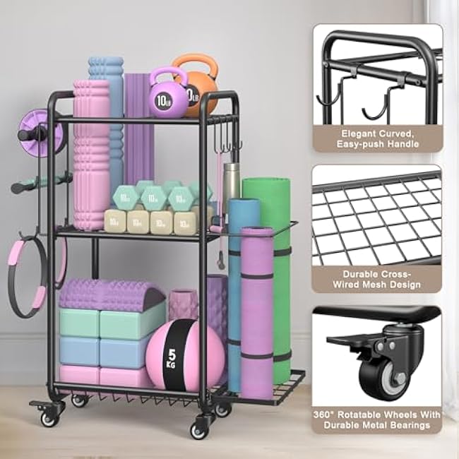 Weight Rack for Home Gym, All in One Yoga Mat Storage Rack, Workout Equipment Storage with Wheels and Hooks for Dumbbells Kettlebells Foam Rollers, Powder Coated