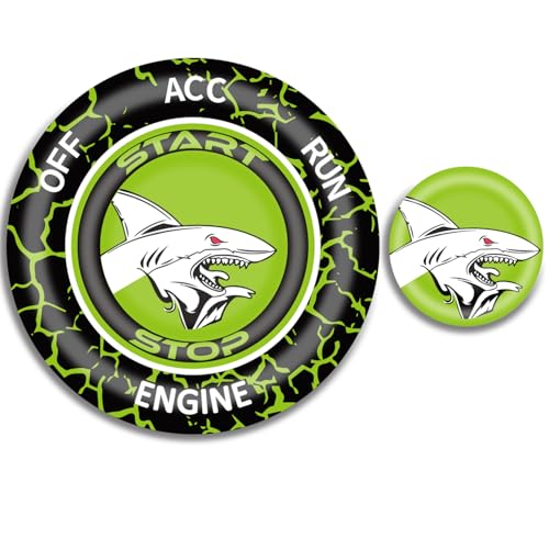 Image of TOOLEPIC Push Start Button Cover for Dodge Challenger Charger Durango Chrysler Journey Ram Accessories 2015-2024, Engine Start Stop Ignition Switch Kit -Angry Shark Design-Crazy Green Custom Fit