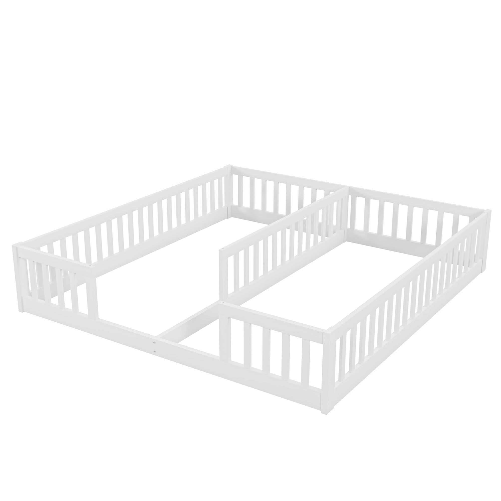 Kindebett Bodenbett 90x200 cm für 2 Kinder mit rausfallschutz, ohne Lattenrost, Einzelbetten 2-in-1, Holz Geschwister Bett, Massivholz Bodentief, Montessori Gitterbett (Weiß, 90x200)