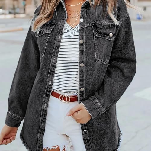 Meditatem Denim Jacket, Womens Oversized Button down Frayed Hem Denim Shacket, Washed Distresse Jean Jacket Fall Outfits4
