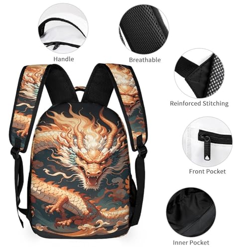 3Pcs Backpack Sets Chinese Dragon Print Travel Daypack 3 in 1 Lightweight Backpack Set with Lunch Bag And Cosmetic Bag3