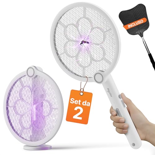 RAPIZZ Juego de 2 Raqueta Matamoscas Electrica Recargable - Función 3 en 1 & Incl. Matamoscas I Matamoscas Electrico Raqueta Mosquito Trap Mata Mosquitos Electrico Raqueta Mosquitos Electrica