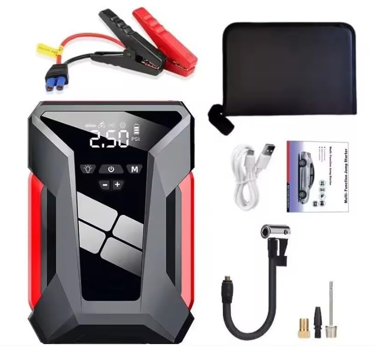 Arrancador de batería portátil para Coche Moto 600A /1800A, powerbank 39.800mAh, Linterna y Compressor de Aire, 4 en 1, 150 PSI Multifuncional de Bomba de Aire, Banco de energía, con Estuche.