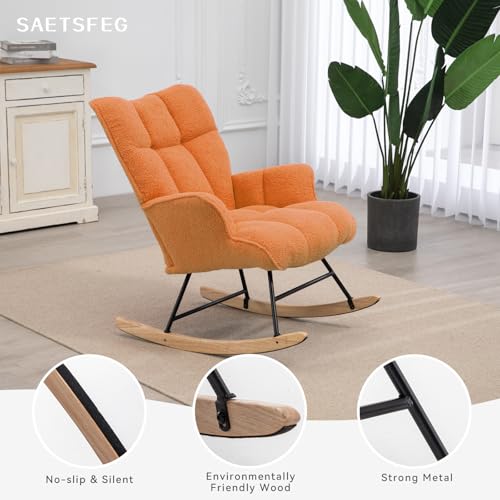 Image of SAETSFEG Rocking Chair Nursery Teddy Upholstered Glider Rocker Rocking Accent Chair Padded Seat with High Backrest Armchair Comfy Side Chair for Living Room Bedroom Offices (Orange Teddy)
