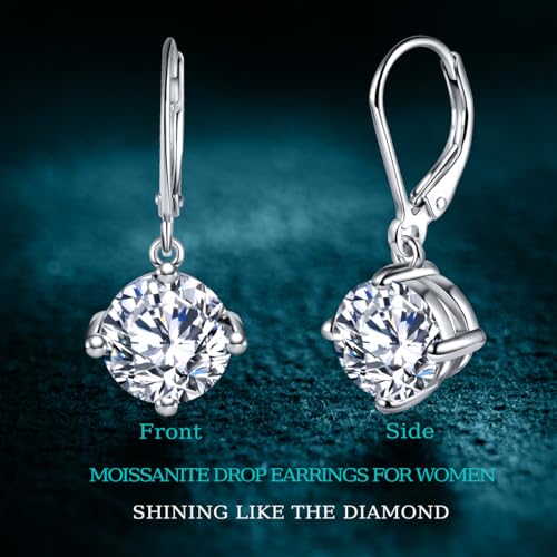 Moissanite Drop Earrings,1.0ct-2.0ct D Color VVS1 Round Cut Lab Created Diamond 925 Sterling Silver 18K White Gold Dangle Earrings For Women Moissanite Leverback Earrings4