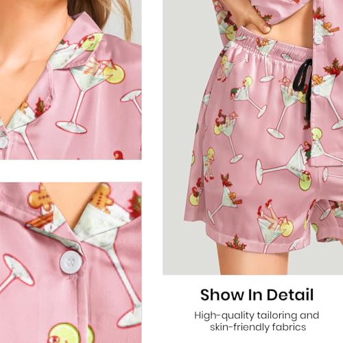 Image of Funny Pajamas for Women Set Print Satin Loungewear Pjs Short Sleeve Button Down Top and Shorts Sets Sleepwear XS-3XL