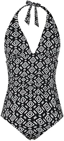 Firpearl Womens Plunge Deep V Neck One Piece Swimsuit Halter Monokinis Shirred Details Argyle Pattern 4