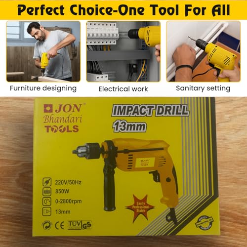 Image of Jon Bhandari Tools Corded Electric Impact Drill Machine - 13mm, 850W, 2800RPM, 220V | Variable Speed & Reverse Function | Heavy Duty Power Tool for Wood, Metal, Masonry, Concrete