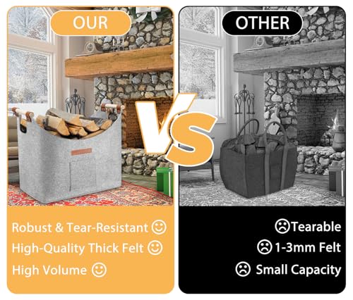 Log Baskets for Fireplaces - 55 L Wood Baskets Made of Thickened Felt, XXL Log Baskets for Wood Burner Indoor with Extended & Thicker Handles, Foldable Fire Basket for Firewood, Vegetables (Pale Gray) Log Baskets for Fireplaces - 55 L Wood Baskets Made of Thickened Felt, XXL Log Baskets for Wood Burner Indoor with Extended & Thicker Handles, Foldable Fire Basket for Firewood, Vegetables (Pale Gray)