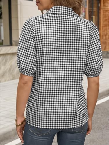 Image of Tankaneo Women's Button Down Shirts Short Puff Sleeve Collared Dressy Casual Blouse Tops