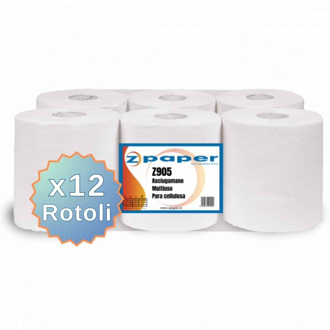 ZPAPER - 12 Rotoli Asciugamani - Pura Cellulosa, 2 Veli, Anima a Spirale, Confezionati. Rotoloni Asciugatutto Asciugamano Multiuso