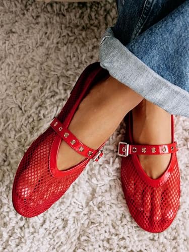 Coutgo Womens Mesh Ballet Flats Mary Jane Fishnet Ballerina Buckle Strap Comfortable Causal Dress Shoes2