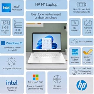 HP Home and Student Essential Laptop with Microsoft 365-1.1TB Storage - 8GB RAM - Intel Inside | Anti-Glare Display, 64GB SSD and 1TB Cloud Storage, Fast Charge and 12hrs Battery, no Mouse