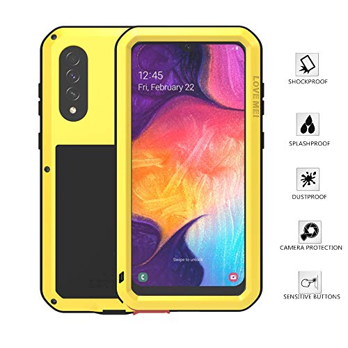 LOVE MEI Samsung Galaxy A50 Coque, Aluminium Métal + Verre trempé étanche Antichoc Militaire Heavy Duty Robuste Couverture Housse Coque, pour Samsung Galaxy A50 (A50, Jaune)