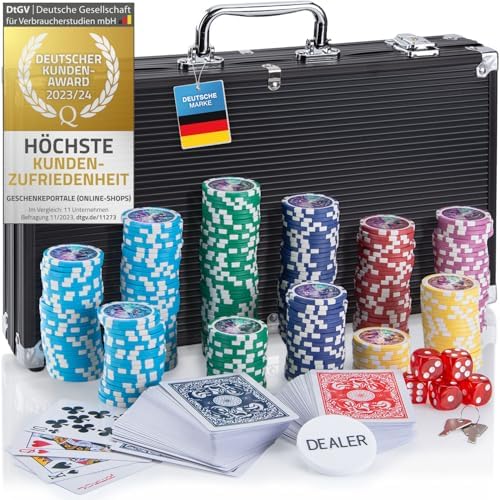 Alu Pokerkoffer 300 Poker-Chips - 12g Metallkern, Profi Pokerset, schwarz | 3D Laser-Sticker & schwere Jetons mit Wert - Echtes Casino-Flair - Alukoffer Komplett-Set inkl. Karten u