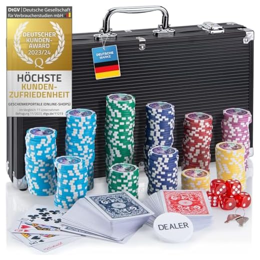 Profi Pokerkoffer Pokerset inkl. 300-500 schwerer 12g Metallkern Poker-Chips; Pokerdeck, Pokerkarten, Würfel, Dealer-Button; abschließbar Alu-Koffer; Casino für Zuhause (Schwarz, 300 Chips)