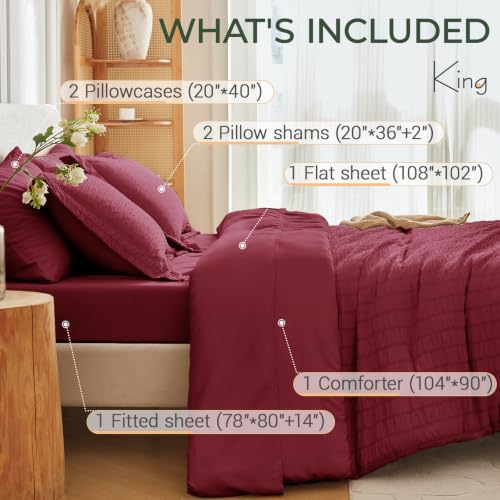 Image of MUXHOMO 7 Pieces King Comforter Set, Seersucker Bed in a Bag King Size, All Season Luxury Bedding Set with Comforter, Flat Sheet, Fitted Sheet, Pillowcases & Shams, Burgundy