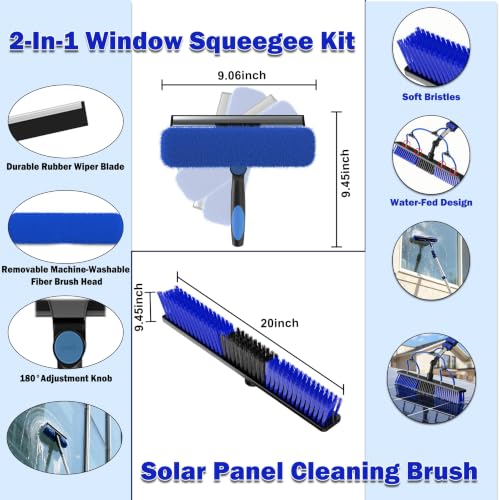 Image of 30FT Reach Solar Panel Cleaning Brush Kit with 5-24FT Telescoping Pole, 40FT Hose, 20 inch Water Fed Brush, Soap Dispenser, Cobweb Duster, Squeegee & High Ceiling Duster for Roof, RV, Gutter, Boat, Deck