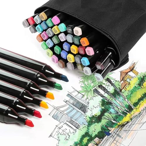 Image of Dual Tip Colorful Art Markers Sketch Pens 24 Colors With Carrying Case For Painting Sketching Calligraphy Drawing -Twin Head Permanent Colouring Marker Pens For Kids Adult(24 Multicolor)