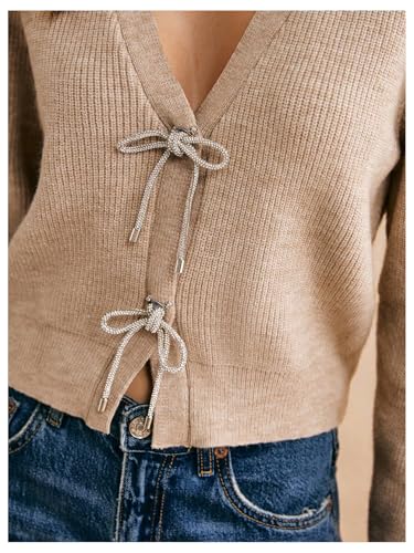 MakeMeChic Women's Bowknot V Neck Sweater Long Sleeve Knit Cardigan Outerwear3