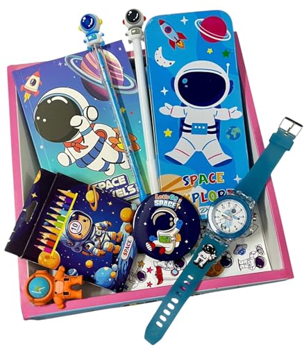Image of 9 in 1 Space Astronaut rakhi Gift Combo Set For boys Kids cute stylish Gift box Stationery Set Age 6-8 Years 10-12 Year I Diary, Stickers, pen, pencil case, badge, Eraser, watch & colors