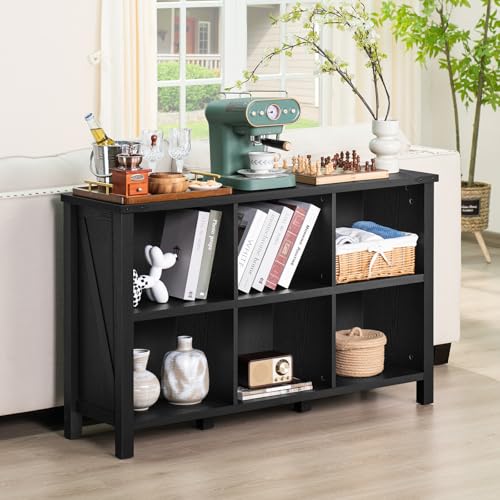 Joaxswe 6 Cube Bookcase, Farmhouse Wood Low Storage Organizer Book Shelf, Black 47\" Horizontal Console Bookshelf with Legs, Hallway Book Case for Entryway, Display Cabinet for Living Room, Office - Thumbnail 5