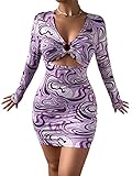 WDIRARA Women's Marble Print Long Sleeve V Neck Cut Out Ring Bodycon Mini Dress Purple Multi S