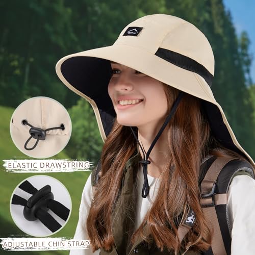 Image of Rosoz Outdoor Sun Hat for Men Women, UPF50+ Protection Safari Cap Wide Brim Mesh Fishing Hat with Neck Flap Beach Garden