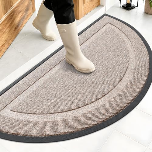 Image of OLANLY Half Circle Door Mat Indoor Outdoor Entrance Welcome, Waterproof All-Season, All-Weather Doormat, Sturdy Natural Rubber, Low Profile, Easy Clean Patio Porch Entryway Mat, 47x23, Camel