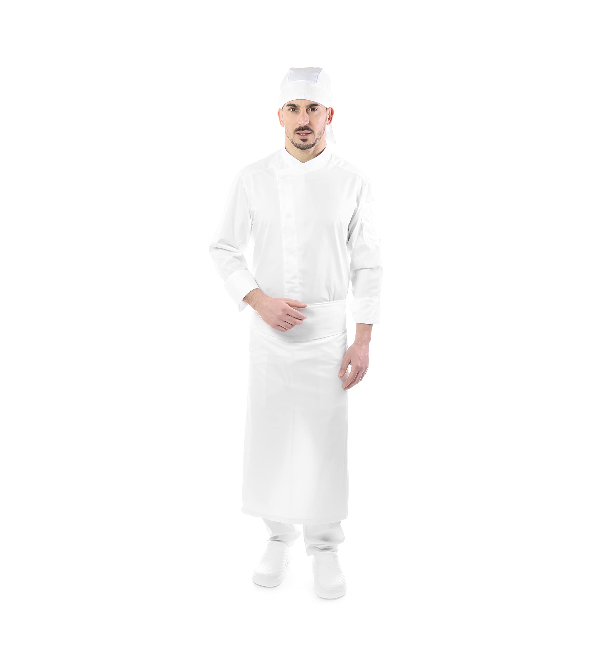 Bordado gratuito – Juego de cocinero y chef blanco – Hombre – Doble cuello – 4 unidades – Chaqueta, pantalón, delantero y bandana – uniforme para cocina y restaurante – Fabricado en