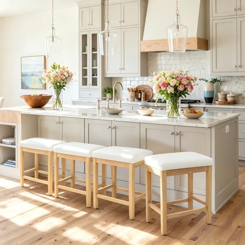 Image of RNKSFX Counter Height White Bar Stools Set of 6 for Kitchen Counter Farmhouse Modern Barstools with Faux Leather Upholstered Backless Seat and Solid Wood Legs 24 inch Bar Chairs, White + Wood Color