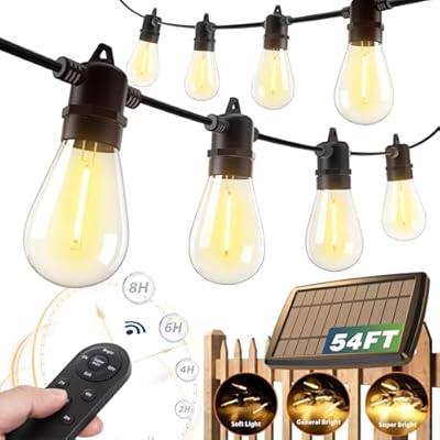 addlon 54(48+6) FT Solar String Lights Outdoor Waterproof with USB Port & Remote Control Solar Patio Lights Last for 20+Hrs Dimmable Solar Power LED 26 Bulbs Hanging for Porch Garden Market Bistro
