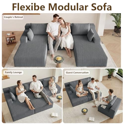 Image of 107 inch Modular Sectional Sleeper Sofa, Boneless Cloud Couch for Living Room, U Shaped 3 Seat Sofa with Deep Seat, Free Combination, Couch in a Box, No Assembly Required (Dark Grey)