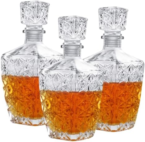 Cadamada Glasses Decanter,26 oz Diamond Pattern Wine Bottle with Lid,Delicate Decanter Set-for Tequila, Brandy, Scotch and Vodka, Gift Giving, Bar and Party Decoration (3pcs)