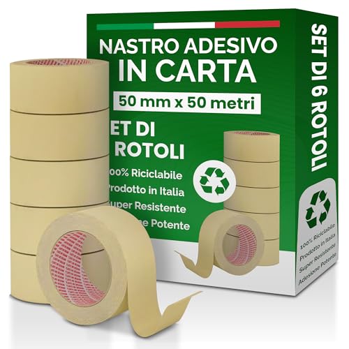 Nipa | Set 6 Rotoli Nastro Carta per Mascheratura Professionale, 50mm x 50m – Nastro Adesivo Carta di Alta Qualità per Imbianchini, Verniciatura, Protezione Superfici, Fai da Te, Resistente e Preciso