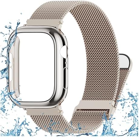 Waterproof Stainless Steel Milanese Band with Case Compatible for Apple Watch 38mm 40mm 41mm 42mm 44mm 45mm 46mm 49mm Women/Men,Magnetic Strap for iWatch Series 11 10 9 8 7 6 5 4 3 2 1 SE SE3 Ultra2/3