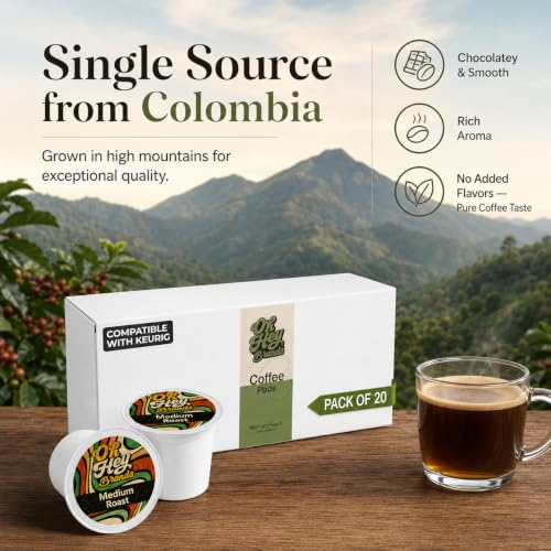 Image of OH HEY BRANDS Medium roast coffee k cups -20 Eco-Friendly k cups coffee pods - Single Origin Colombia - Chocolatey & Smooth flavored coffee pods - Suitable for all brewers