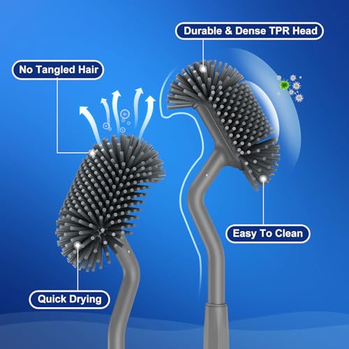 Image of HAMITOR Toilet Bowl Brush Holder Set: Deep Cleaning Silicone Toilet Cleaner Scrubber Under Rim with Curved Bristle for Bathroom Dead Corner Clean - Modern Rv Toilet Decorative Accessories - Gray