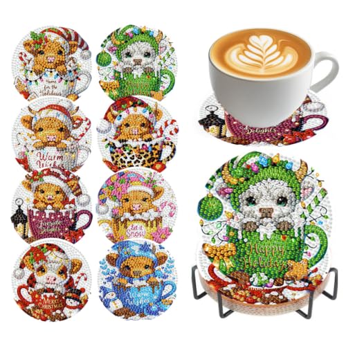 Christmas Cow Diamond Art Coasters Kit, 8 Pieces Diamond Painting Coasters
