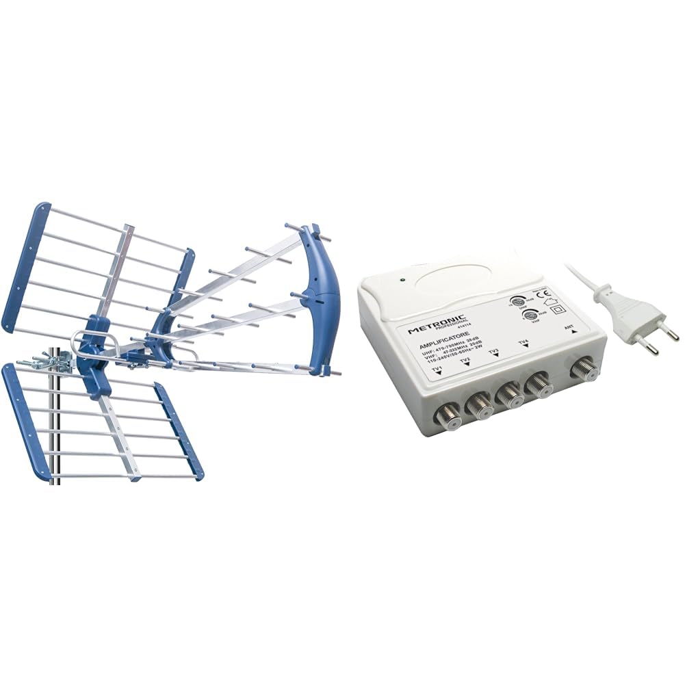 EDISION TALOS 13db Antenna TV tripla Digitale Terrestre UHF 21-48 esterno & Metronic 414114 Amplificatore TV Vhf/Uhf per Digitale Terrestre con Filtro Lte