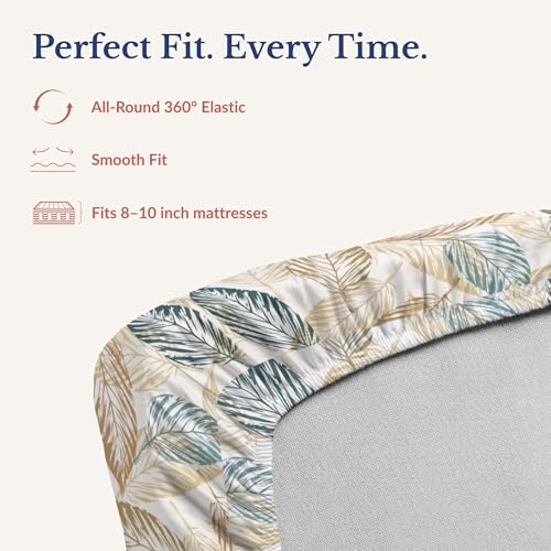 Image of Jaipur Weaves Queen Size Fitted Bedsheet Cotton with Elastic, 100% Pure Cotton Double Bed Fitted Sheet with 2 Pillow Covers, 240 TC, 60x78 Inches up to 8-inch Mattress, Leafy Design - (Grey Olive)