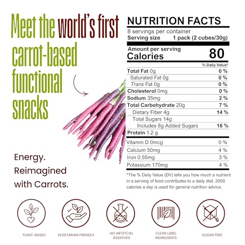 Image of PEPCUBES Purple Carrot Snack Bites - Vegan (8 Pack), 100% Plant-Based, Soft Chewy, Made with Purple Carrots & Real Dried Fruits, Naturally Sweetened, High Fiber, Steady Energy, Gluten Free, Dairy Free, Low Calorie, Gut-Friendly, Vegan | 8 ct, 1.06 oz each