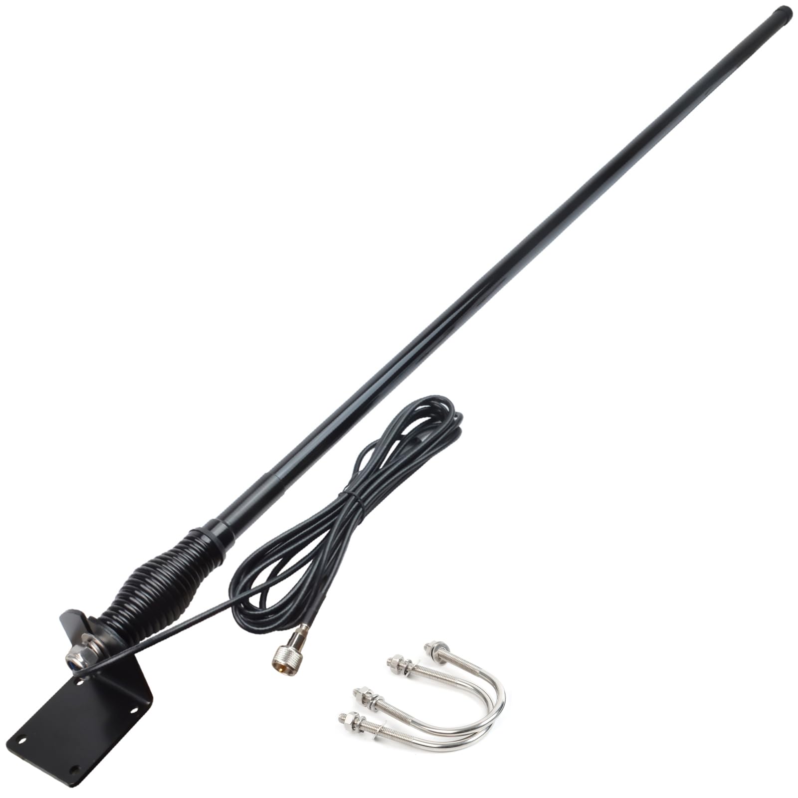 HYS Heavy Duty Fiberglass Vertical Base Antenna, 144MHz/3.5dBi 430MHz/6.5dBi, 3.6ft Amateur Antenna W/Heavy-Duty Barrel Spring, W/L-Bracket Hole & U-Bolt, 16.4'/About 5m RG-58 Coax Cable, Black