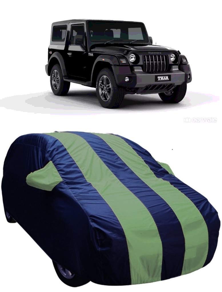 JS Products Mahindra New Thar Car Cover Waterproof Model 2020 2021 All Weather Windproof Dustproof UV Protection Scratch Resistant Indoor Outdoor Universal Fit for Thar Series (Green Strip)