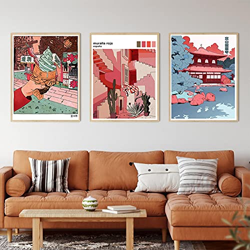 Peinture dessin animé japonais sur toile d'art affiche anime orange brûlé triptyque 50x70cm