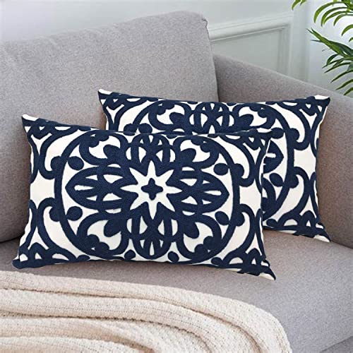 Alysheer Embroidered Lumbar Decorative Throw Pillow Covers 12"X 20" Set Of 2, Classic Boho Mandala Embroidery Pattern Cotton Rectangular Cushion Case For Sofa Couch Living Room Bedroom(Navy Blue) #TOP6